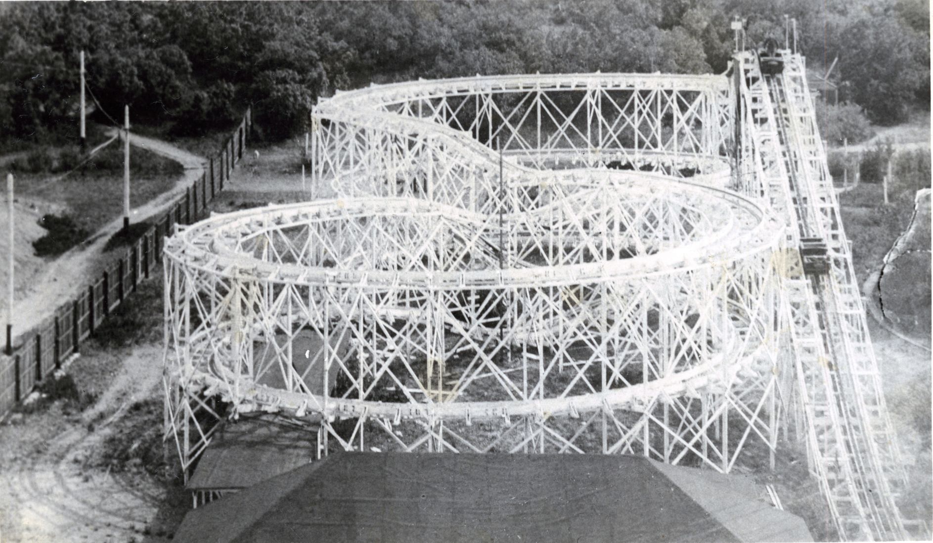 The double fogure-8 roller coaster at the Zoo Park. From the collection of the Colorado Springs Pioneers Museum.